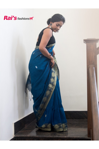 Organic Linen By Linen Saree With Handweaving Benarasi Worked Border And All Over Butta Design (RAI209221)